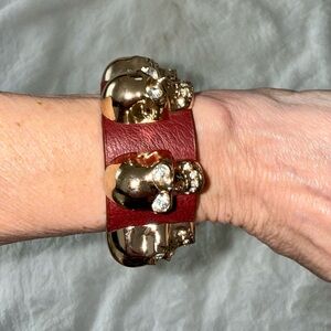 Gold Skull Bracelet with Red Leather Band